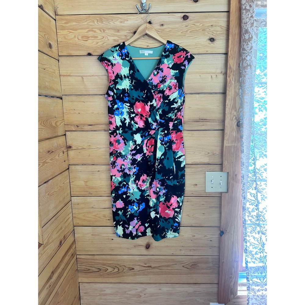 Faux Wrap Dress Womens Size 8 Pink Teal Abstract Floral Watercolor Sheath Cleo